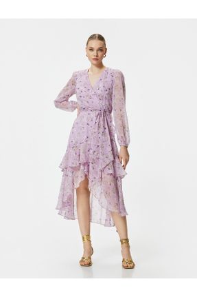لباس بنفش زنانه بافتنی پلی استر طرح گلدار رگولار آستین-بلند کد 834518862