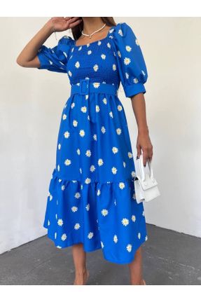 لباس آبی زنانه بافتنی پلی استر طرح گلدار اورسایز آستین-کوتاه کد 803118655
