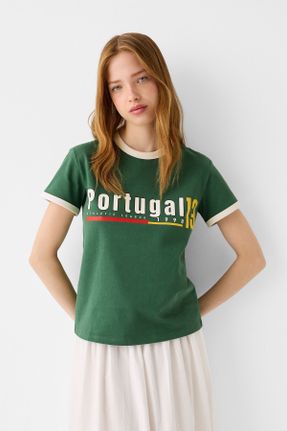 تی شرت سبز زنانه یقه دگاژه پنبه (نخی) کد 834587857