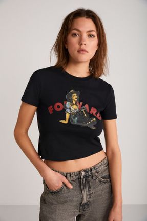 تی شرت مشکی زنانه یقه گرد کراپ تکی جوان کد 812030236