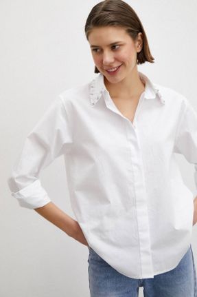 پیراهن سفید زنانه Fitted یقه پیراهنی کد 828074071