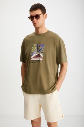 تی شرت خاکی مردانه رگولار یقه گرد تکی جوان کد 815347092