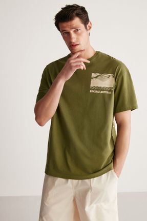 تی شرت خاکی مردانه اورسایز یقه گرد تکی جوان کد 691206806