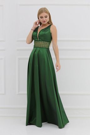 لباس مجلسی سبز زنانه آویزی یقه هفت ویسکون آستر دار کد 138302390
