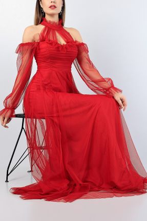 لباس مجلسی قرمز زنانه تور اورسایز یقه گرد آستر دار کد 834891612