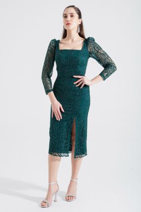 لباس مجلسی سبز زنانه پلی استر آستین استاندارد رگولار یقه مربع آستر دار کد 815037840