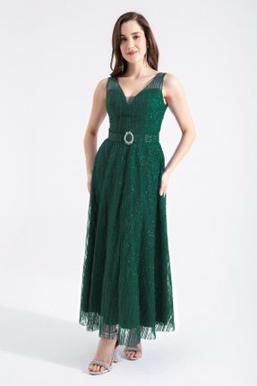 لباس مجلسی سبز زنانه رگولار یقه هفت آستین استاندارد آستر دار کد 817650062