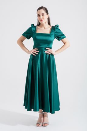 لباس مجلسی سبز زنانه پلی استر آستین استاندارد رگولار یقه مربع بدون آستر کد 815139913
