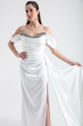لباس مجلسی سفید زنانه اسلیم یقه قایقی آستر دار کد 813790372
