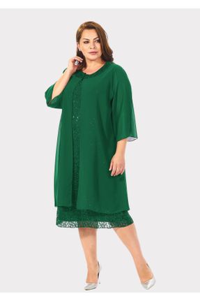 لباس مجلسی سایز بزرگ سبز زنانه یقه گرد دانتل A-line کد 73414454