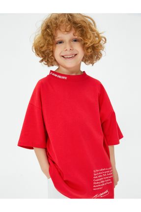 تی شرت قرمز بچه گانه رگولار یقه گرد پنبه (نخی) تکی کد 734605507