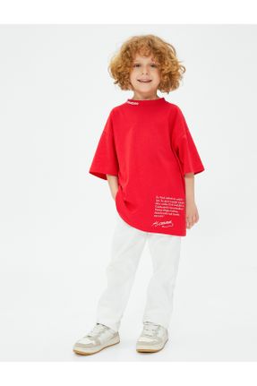 تی شرت قرمز بچه گانه رگولار یقه گرد پنبه (نخی) تکی کد 734605507