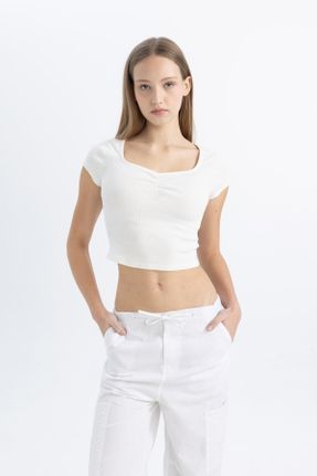 تی شرت سفید زنانه Fitted یقه مربع تکی کد 817739043