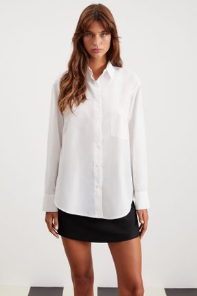 پیراهن سفید زنانه اورسایز یقه پیراهنی پنبه - پلی استر کد 760030721