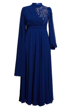 لباس مجلسی آبی زنانه یقه ایستاده پلی استر سایز بزرگ کد 834785916