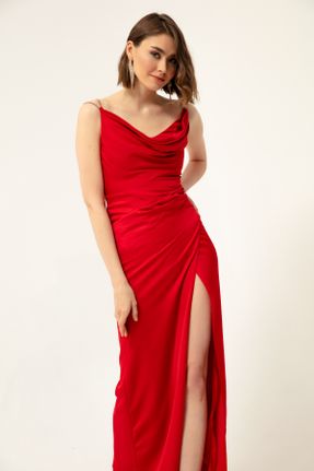 لباس مجلسی قرمز زنانه آویزی یقه دگاژه آستر دار کد 715774622