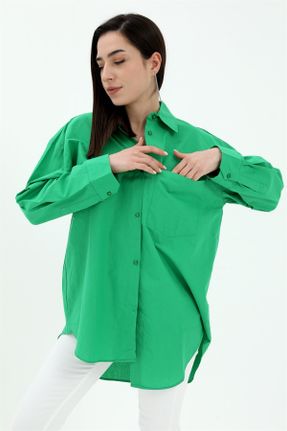 پیراهن سبز زنانه اورسایز یقه پیراهنی مخلوط کتان کد 278690096
