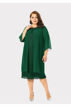 لباس مجلسی سایز بزرگ سبز زنانه یقه گرد دانتل A-line کد 73414454