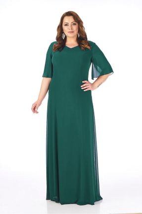 لباس مجلسی سایز بزرگ سبز زنانه شیفون A-line آستین بلند کد 286254600