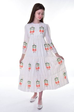 لباس سفید بچه گانه بافتنی کتان طرح گلدار اورسایز آستین-بلند کد 833232808