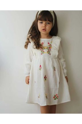 لباس سفید بچه گانه بافت پنبه (نخی) طرح گلدار رگولار آستین-بلند کد 819994748
