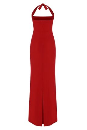 لباس مجلسی قرمز زنانه اسلیم فیت پلی استر هالترنک آستین استاندارد آستر دار کد 624121052