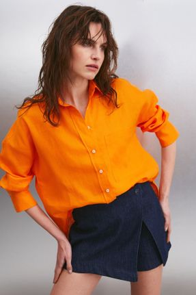 پیراهن نارنجی زنانه کتان یقه پیراهنی اورسایز کد 825186410