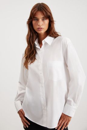 پیراهن سفید زنانه اورسایز یقه پیراهنی پنبه - پلی استر کد 760030721