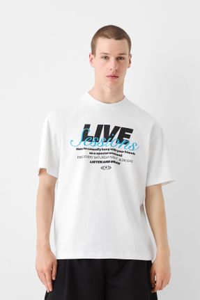 تی شرت سفید مردانه ریلکس یقه دگاژه پنبه (نخی) کد 834575885