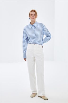 شلوار جین سفید زنانه پاچه ساده فاق بلند استاندارد کد 820285595