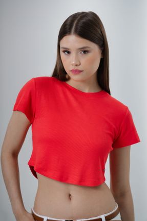 تی شرت قرمز زنانه کراپ یقه گرد ویسکون تکی بیسیک کد 828007844