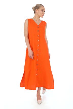 لباس نارنجی زنانه بافتنی کتان A-line آستین-بلند کد 833292906