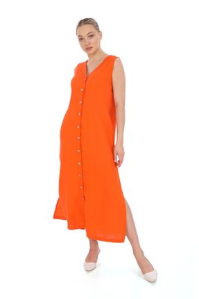 لباس نارنجی زنانه بافتنی کتان A-line آستین-بلند کد 833292906