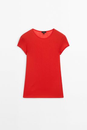 تی شرت قرمز زنانه یقه گرد پنبه (نخی) کد 814330011