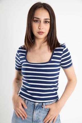 تی شرت آبی زنانه یقه U پنبه (نخی) Fitted تکی کد 731423315