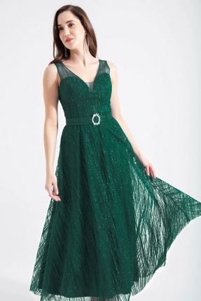 لباس مجلسی سبز زنانه رگولار یقه هفت آستین استاندارد آستر دار کد 817650062