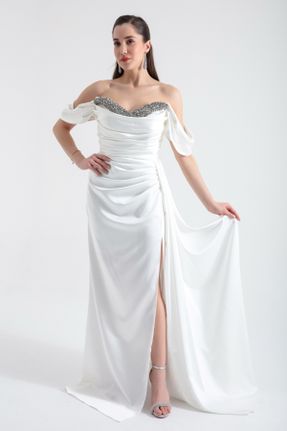 لباس مجلسی سفید زنانه اسلیم یقه قایقی آستر دار کد 813790372