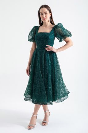 لباس مجلسی سبز زنانه تور آستین کوتاه رگولار یقه مربع آستر دار کد 820299709