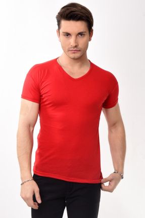 تی شرت قرمز مردانه یقه هفت اسلیم فیت پنبه (نخی) تکی بیسیک کد 238543413
