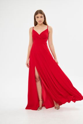 لباس مجلسی قرمز زنانه پلی استر آویزی اسلیم یقه دوبل بدون آستر کد 316773354