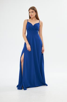 لباس مجلسی آبی زنانه اسلیم پلی استر یقه دوبل آویزی بدون آستر کد 316774281
