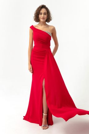 لباس مجلسی قرمز زنانه پلی استر یقه آسیمتریک رگولار آستر دار کد 765424335
