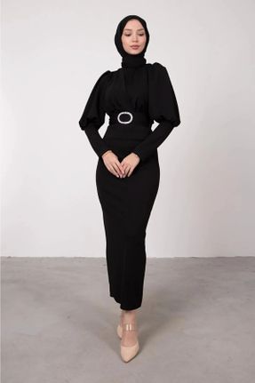 لباس مجلسی مشکی زنانه کرپ اسلیم یقه گرد بدون آستر کد 835090868