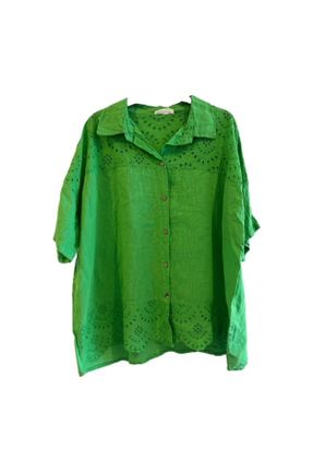 پیراهن سبز زنانه اورسایز یقه پیراهنی کتان کد 835204672