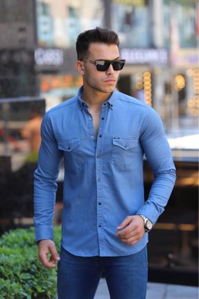 پیراهن آبی مردانه سایز بزرگ یقه پیراهنی پارچه ای کد 835242730
