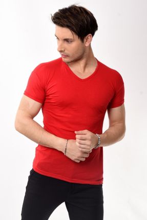 تی شرت قرمز مردانه یقه هفت اسلیم فیت پنبه (نخی) تکی بیسیک کد 238543413