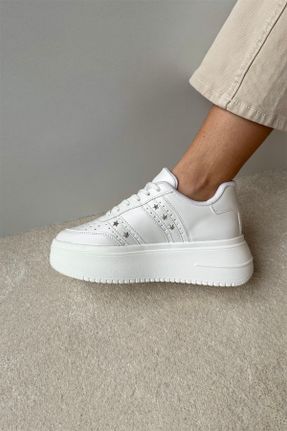 کفش اسنیکر سفید زنانه بند دار چرم مصنوعی کد 678433870