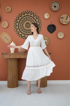 لباس سفید زنانه بافتنی دانتل Fitted آستین-کوتاه کد 307060474
