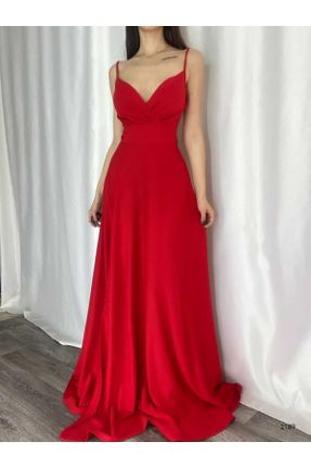 لباس مجلسی قرمز زنانه پلی استر آویزی اسلیم یقه دوبل بدون آستر کد 316773354