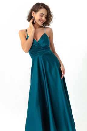 لباس مجلسی آبی زنانه ساتن آستین استاندارد رگولار یقه دوبل آستر دار کد 765899197
